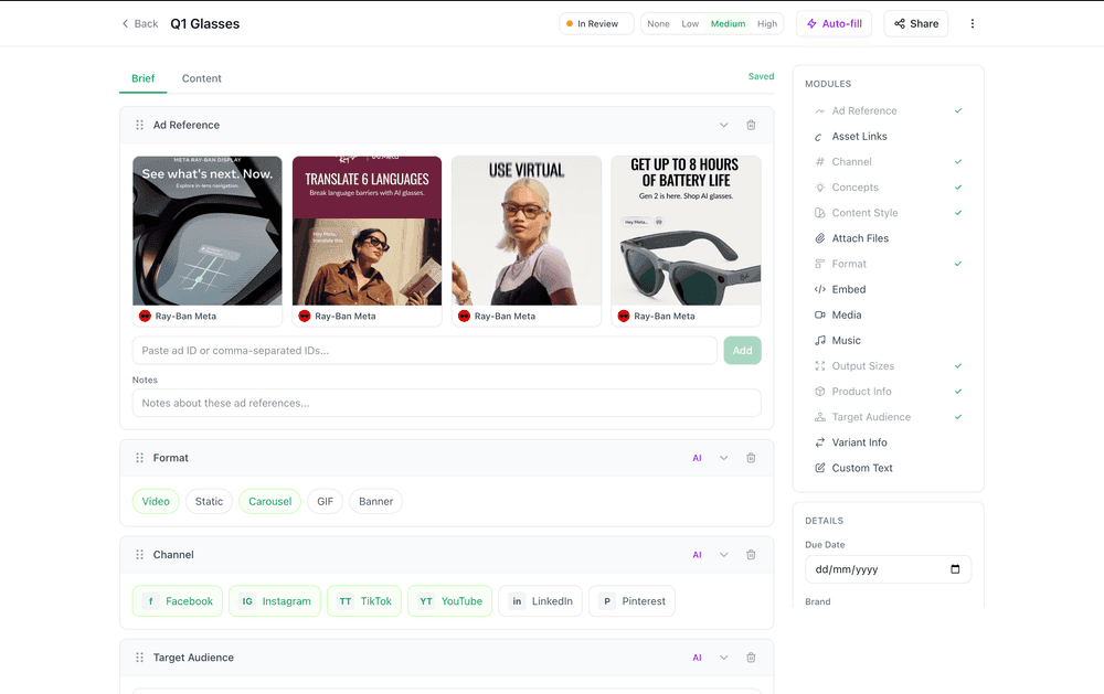 AI Brief interface showing Seercraft AI Analysis with creative scoring and performance metrics