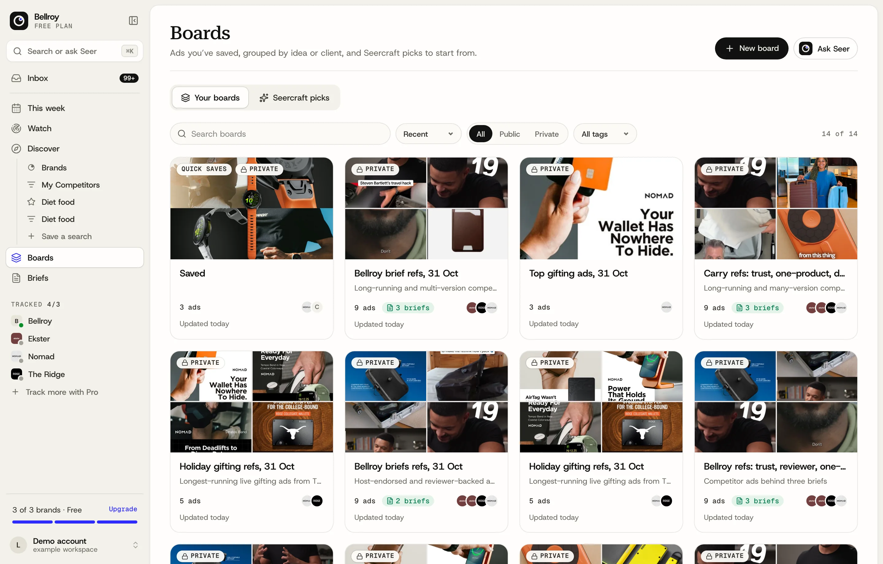 Seercraft boards with saved competitor ads grouped by idea