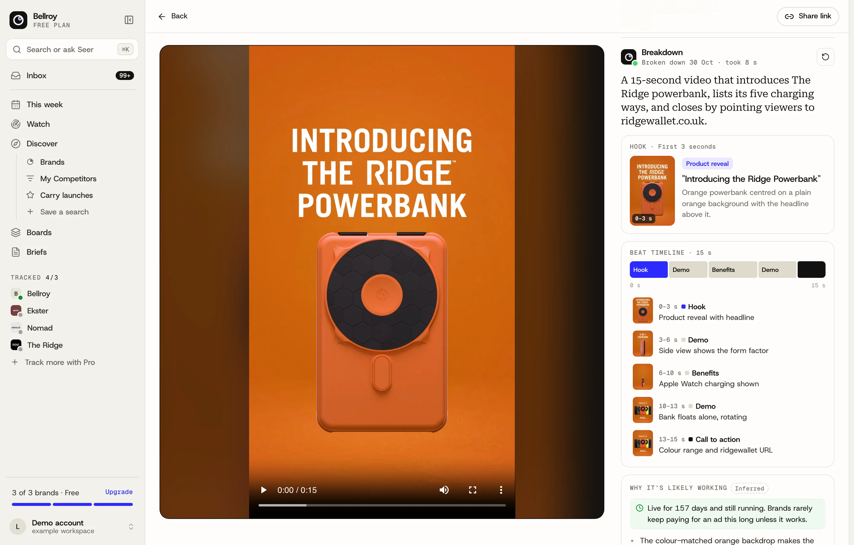Seer's breakdown of a Ridge power bank video ad: the hook, a beat-by-beat timeline and why it's likely working