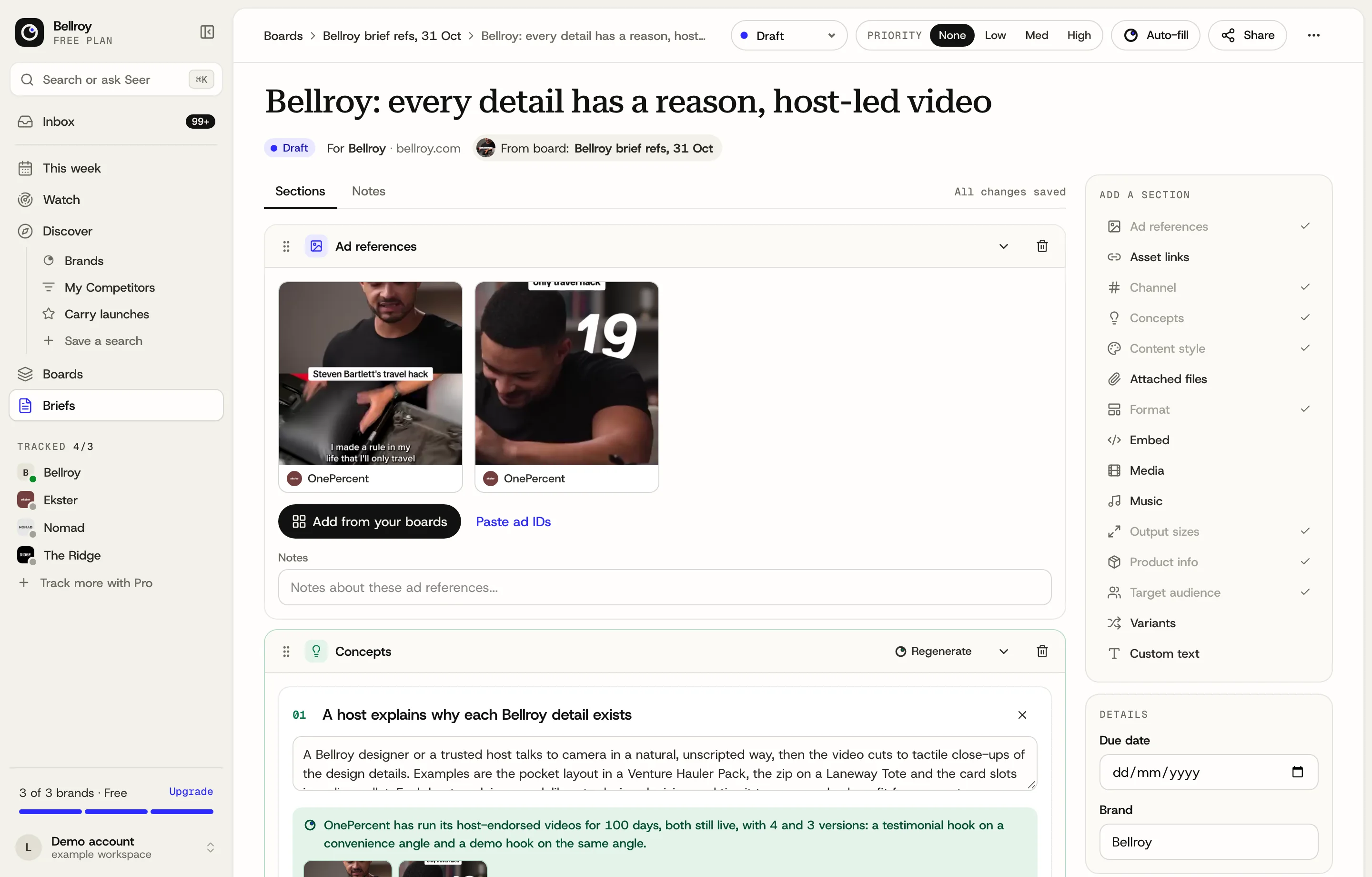 A Seercraft creative brief with reference ads, concepts and the evidence behind each one