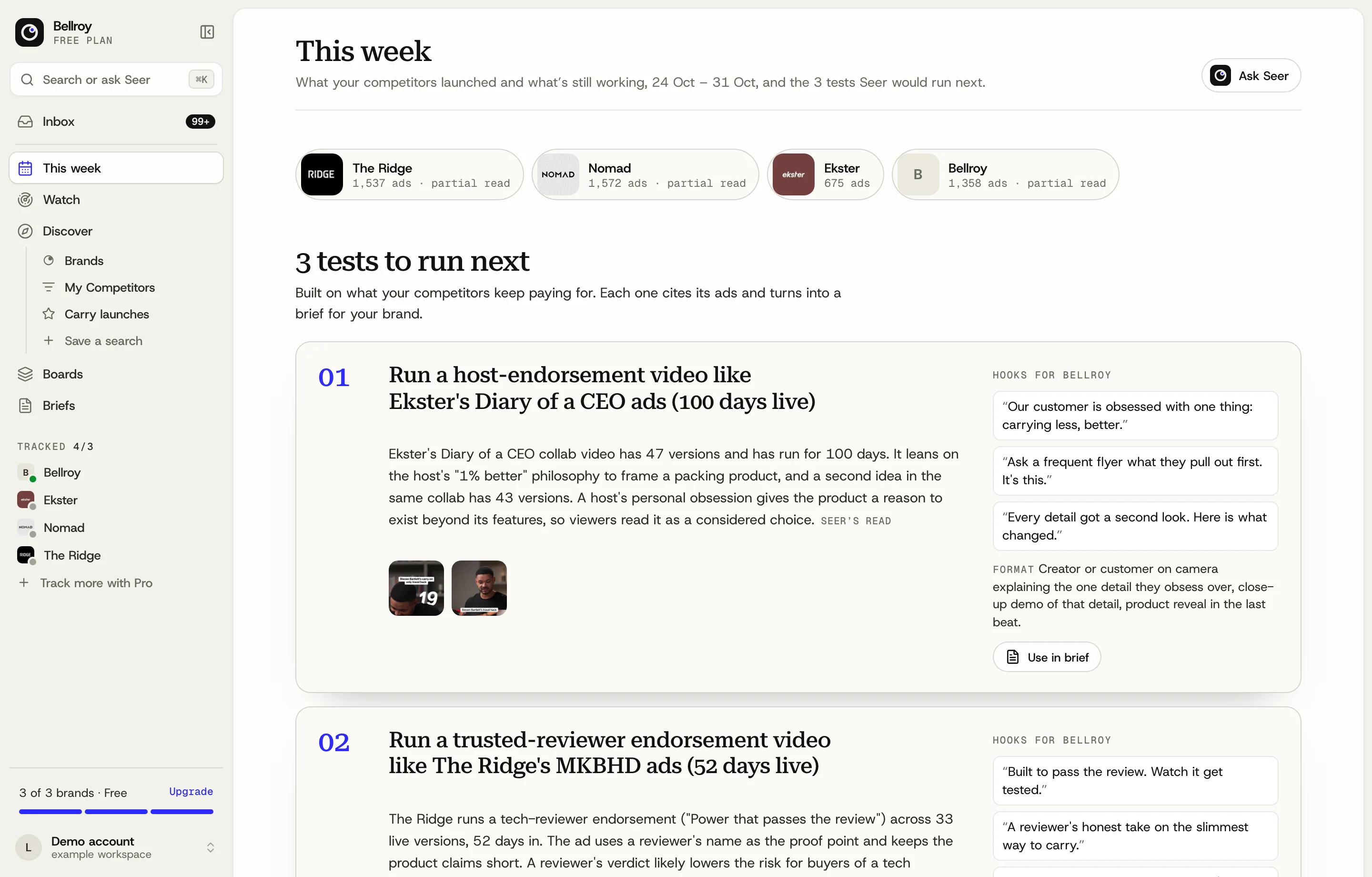 Seercraft's This week page with three tests to run next, each built from competitor ads