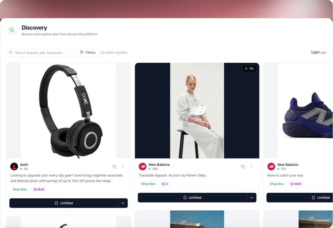 Ad creative intelligence platform showing competitor ad analysis